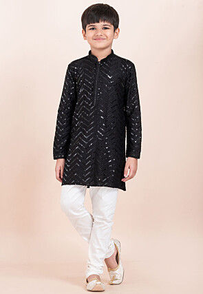 Embroidered Viscose Rayon Kurta Set in Black