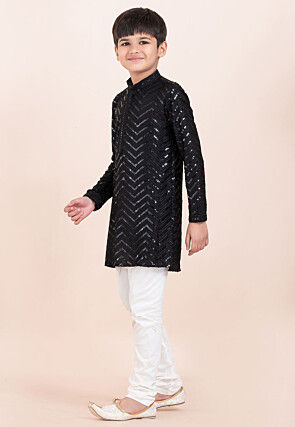 Embroidered Viscose Rayon Kurta Set in Black