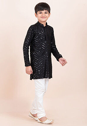 Embroidered Viscose Rayon Kurta Set in Black