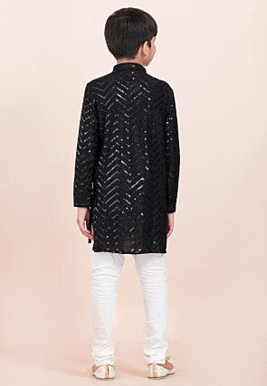 Embroidered Viscose Rayon Kurta Set in Black
