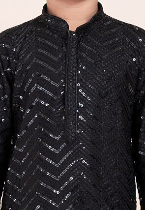 Embroidered Viscose Rayon Kurta Set in Black