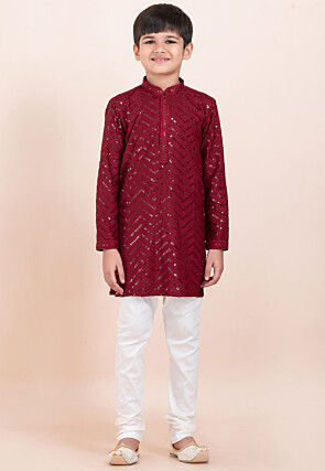 Embroidered Viscose Rayon Kurta Set in Maroon