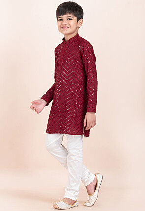Embroidered Viscose Rayon Kurta Set in Maroon