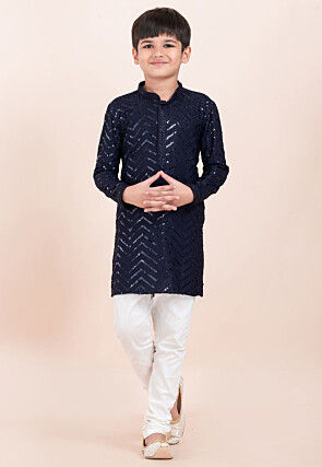 Embroidered Viscose Rayon Kurta Set in Navy Blue
