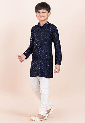 Embroidered Viscose Rayon Kurta Set in Navy Blue