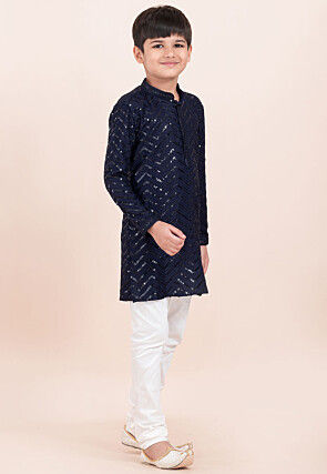Embroidered Viscose Rayon Kurta Set in Navy Blue