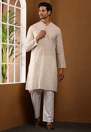 Embroidered Viscose Rayon Kurta Set in Off White