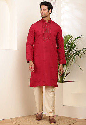Embroidered Viscose Rayon Kurta Set in Red