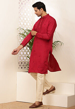 Embroidered Viscose Rayon Kurta Set in Red