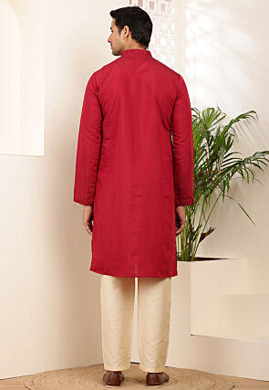 Embroidered Viscose Rayon Kurta Set in Red