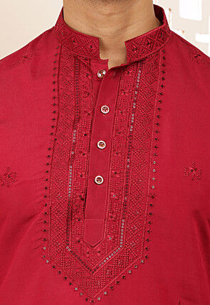 Embroidered Viscose Rayon Kurta Set in Red