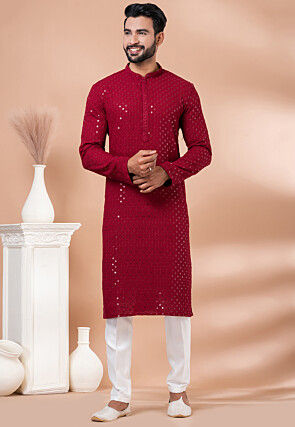 Red kurta white pajama with jacket clearance