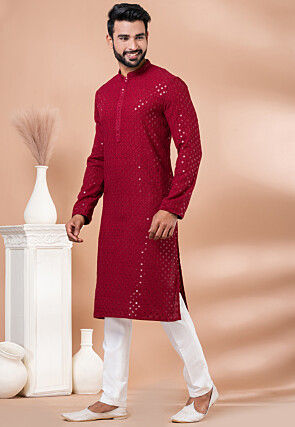 Embroidered Viscose Rayon Kurta Set in Red