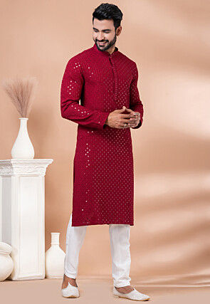 Embroidered Viscose Rayon Kurta Set in Red