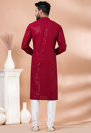 Embroidered Viscose Rayon Kurta Set in Red