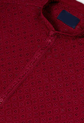 Embroidered Viscose Rayon Kurta Set in Red