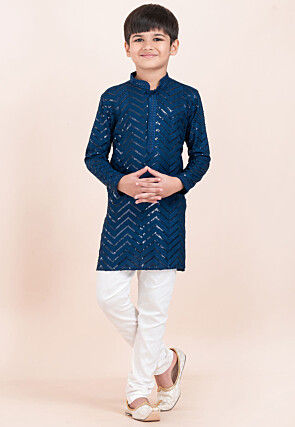 Embroidered Viscose Rayon Kurta Set in Teal Blue