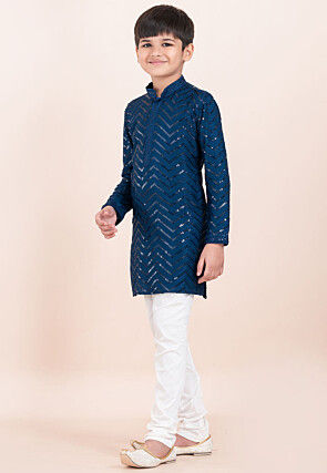 Embroidered Viscose Rayon Kurta Set in Teal Blue