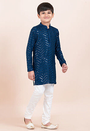 Embroidered Viscose Rayon Kurta Set in Teal Blue