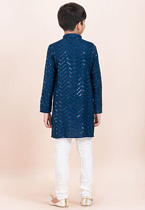 Embroidered Viscose Rayon Kurta Set in Teal Blue