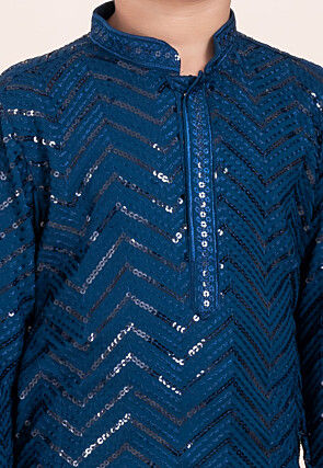 Embroidered Viscose Rayon Kurta Set in Teal Blue