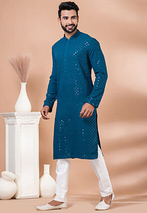 Embroidered Viscose Rayon Kurta Set in Teal Blue