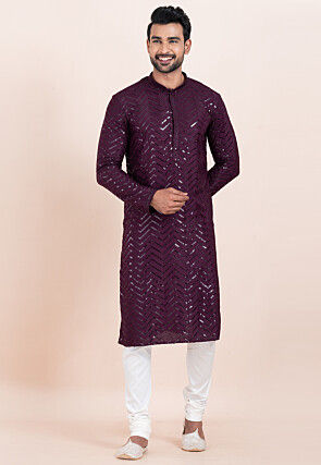 Embroidered Viscose Rayon Kurta Set in Violet