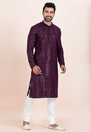 Embroidered Viscose Rayon Kurta Set in Violet