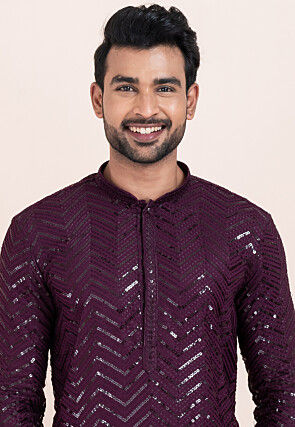 Embroidered Viscose Rayon Kurta Set in Violet