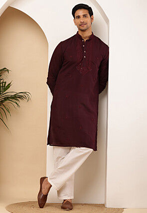 Embroidered Viscose Rayon Kurta Set in Wine