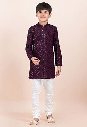 Embroidered Viscose Rayon Kurta Set in Wine