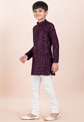 Embroidered Viscose Rayon Kurta Set in Wine