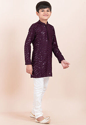 Embroidered Viscose Rayon Kurta Set in Wine