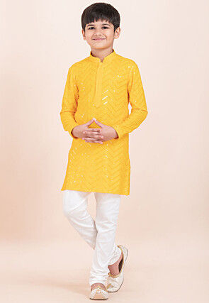 Embroidered Viscose Rayon Kurta Set in Yellow