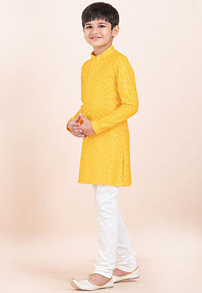 Embroidered Viscose Rayon Kurta Set in Yellow