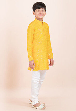 Embroidered Viscose Rayon Kurta Set in Yellow