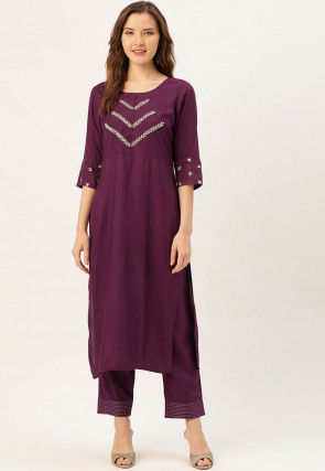 Embroidered Viscose Rayon Kurta with Pant in Wine