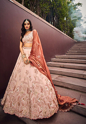 Embroidered Viscose Rayon Lehenga in Peach