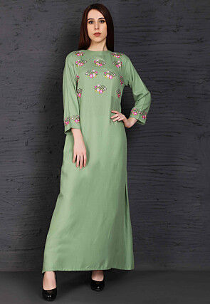 Embroidered Viscose Rayon Long Kurta in Green
