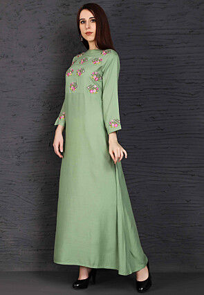 Embroidered Viscose Rayon Long Kurta in Green