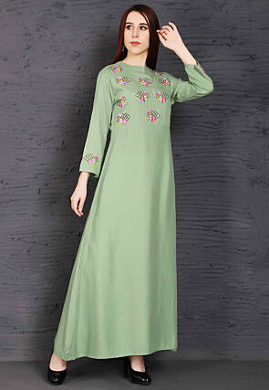 Embroidered Viscose Rayon Long Kurta in Green