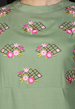 Embroidered Viscose Rayon Long Kurta in Green