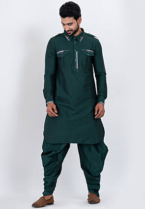 Embroidered Viscose Rayon Paithani Suit in Dark Teal Green