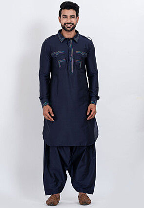 Embroidered Viscose Rayon Paithani Suit in Navy Blue