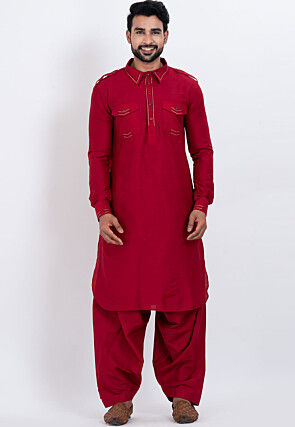 Embroidered Viscose Rayon Paithani Suit in Red