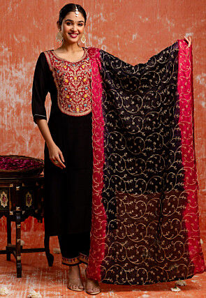 Embroidered Viscose Rayon Pakistani Suit in Black