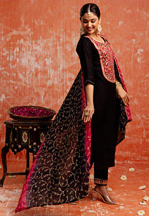 Embroidered Viscose Rayon Pakistani Suit in Black