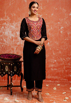 Embroidered Viscose Rayon Pakistani Suit in Black