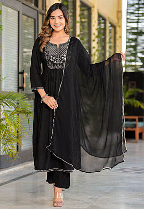 Embroidered Viscose Rayon Pakistani Suit in Black