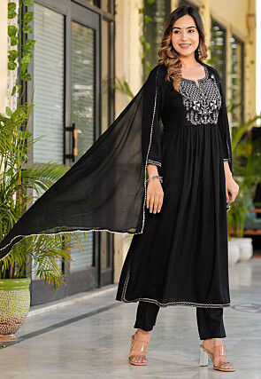 Embroidered Viscose Rayon Pakistani Suit in Black